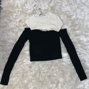 Black & White Long-Sleeve Crop Top